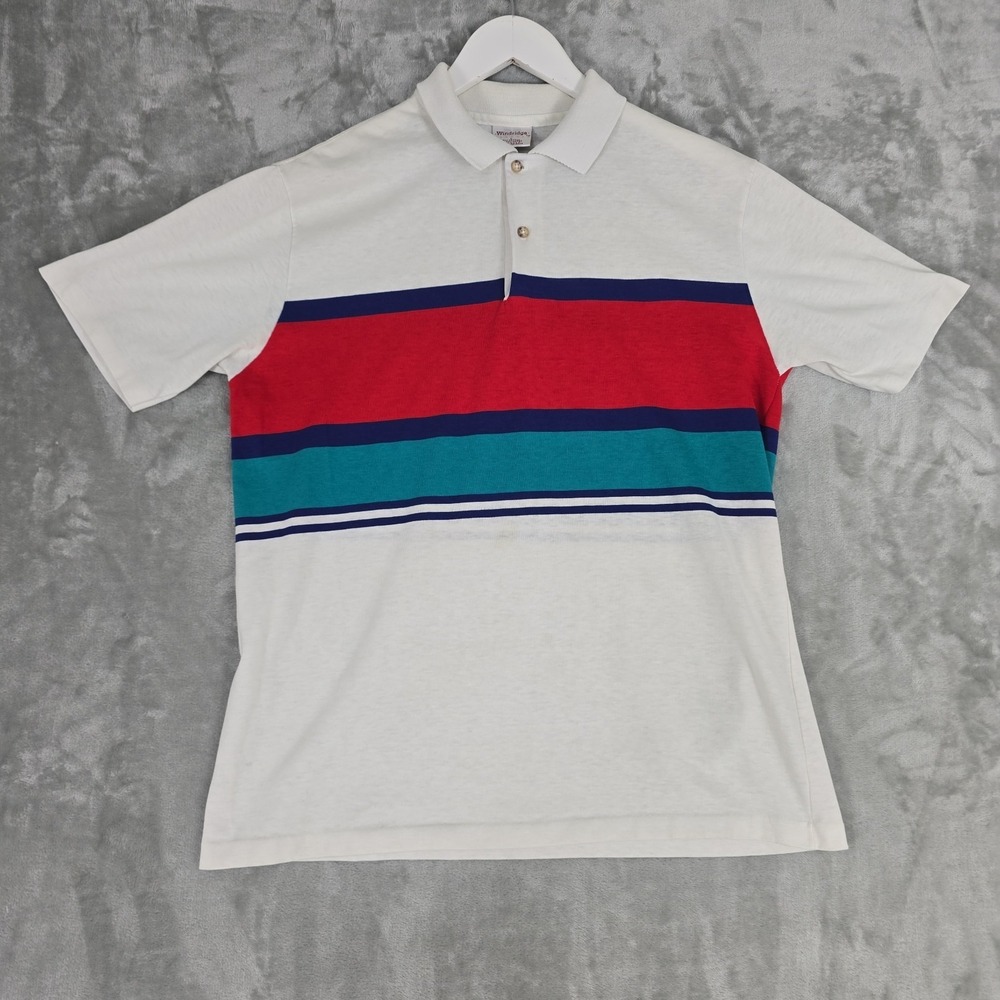 Windridge‎ Mervyns Mens Striped Polo Shirt L White Red Retro Single Stitch Sheer